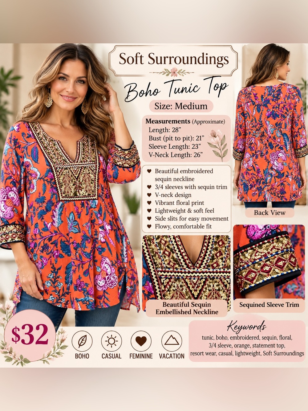 Soft Surroundings Orange Floral Embroidered V-Neck Tunic